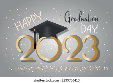
Vector illustration. Banner with the day of graduation from school, university. 2023 in golden color against the background of falling golden confetti. Concept for poster, banner, event and party inv