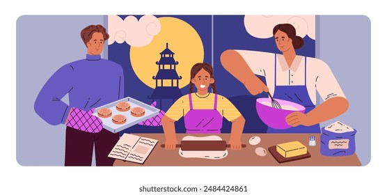 Vector illustration of a banner depicting a family preparing mooncakes together in the kitchen for the Asian traditional Mid-Autumn Festival. Moon Pie Day. Flat style. Close-up.