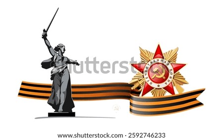 Vector illustration. Banner design 80 years since Victory Day! Sculpture Motherland Calls, Symbol of Volgograd, Stalingrad. Inscription in English and Russian. St. George Ribbon.World War II 1941-1945