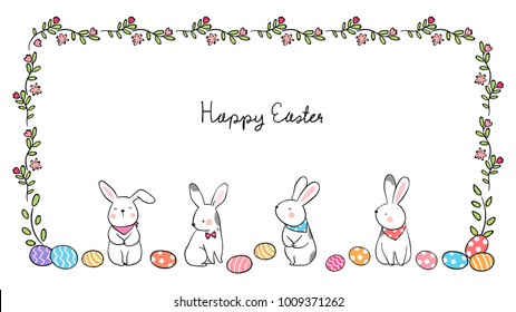 Vector illustration banner design cute rabbit and beauty flower frame for Easter day.Draw doodle cartoon style.