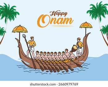 Diseño de Anuncio de Ilustración vectorial del festival Happy Onam, bote en un río cerca del cocotero.