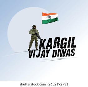 Ilustração vetorial do desenho da bandeira de Kargil Diwas, soldado indiano em pé e bandeira indiana
