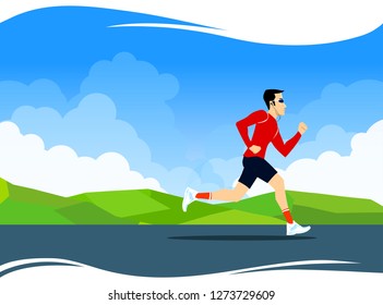 Vector Illustration for banner design with running man. Jogging sport illustration in bright colors. Cloudy sky and greenery