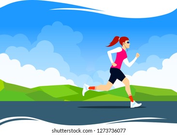Vector Illustration for banner design with running woman. Jogging sport illustration in bright colors. Cloudy sky and greenery
