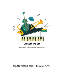 Vector illustration, banner design template with musical instruments. Musical event icon.Template for music festival, jazz party, invitation, greeting card, concert poster, school of music.