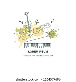 Vector illustration, banner design template with musical instruments. Musical event icon. Template for music festival, jazz party, invitation, greeting card, concert poster, school of music.