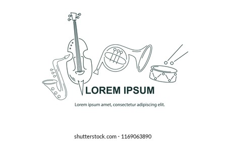 Vector illustration, banner design template with musical instruments. Musical event icon.Template for music festival, jazz party, invitation, greeting card, concert poster, school of music. Line style