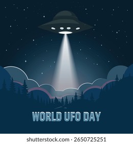 Design de banner de ilustração vetorial do Dia Mundial do OVNI, em fundo de céu noturno.