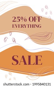 Vector illustration of a banner for discount 25 off everything. Lines in the form of plant motifs, flower petals and dots. Poster, advertisement, flyer can be used to promote goods and services.