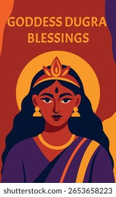 Banner de ilustração vetorial de Durga, deusa indiana, em cores radiantes celebrando o poder espiritual das mulheres durante o festival de Navratri. Ideal para cartões digitais, cartazes, saudações
