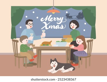 Vector illustration banner of family gathering around Christmas dinner