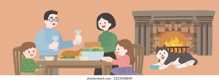 Vector illustration banner of family gathering around Christmas dinner