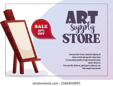 Vector illustration of a banner featuring an easel and a 50% discount on art supplies. Suitable for art stores and studios  

