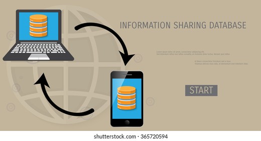 Vector illustration banner. Flat background. Database, server, information transfer. Global storage.