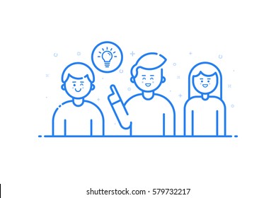 Vector illustration of banner in flat line style. Concept of creative team - man and woman solving problems and brainstorming. Business cute and fun people teamwork isolated in blue outline.