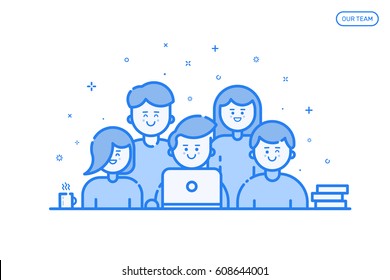 Vector illustration of banner in flat line style. Concept of our team for website and mobile website. Business cute and fun people teamwork. Outline filled isolated objects.