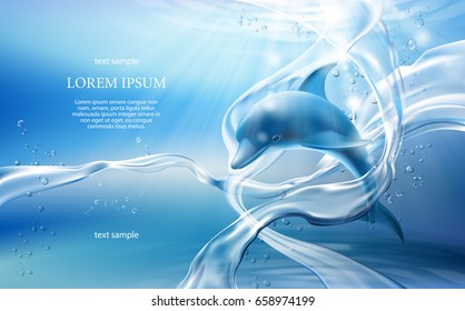 Vector illustration banner with flows, bubbles of crystal clear water and dolphin on light blue background