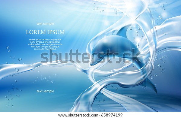 明るい青の背景に水晶の澄んだ水の泡とイルカの流れを持つベクター