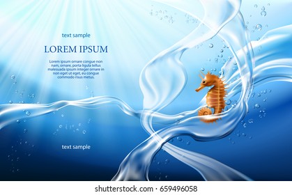 Vector illustration banner with flows and drops of crystal clear water of light blue color and sea horse. Marine background