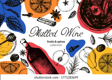 Vector illustration banner or flyer with mulled wine hot winter alcoholic drink in bright colors. Sketch Ingredients and spices for mulled wine for decorating a cover menu or invitation to a cafe.