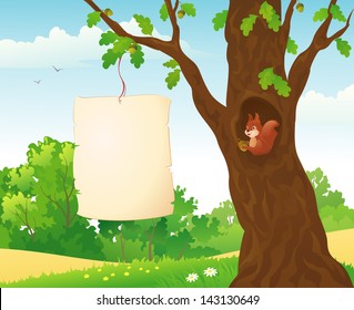 Vector illustration of a banner in the forest and a cute squirrel inside oak tree