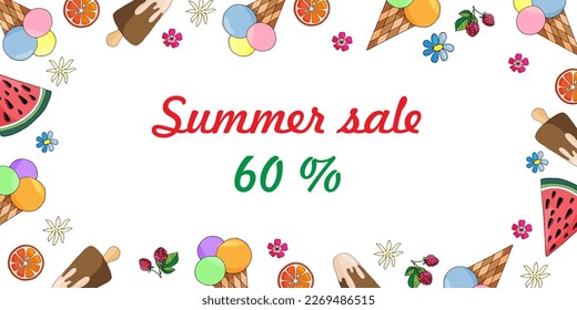 vector illustration banner frame for text ice cream and fruit raspberry, orange and watermelon with flowers