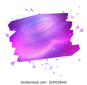 Vector illustration of banner with geometric particles with outer space glowing background inside.