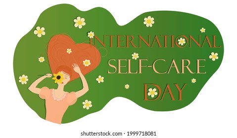 Vector illustration banner with a girl lying on a field of chamomiles with her heir forming a heart. This illustration, isolated on a transparent background, is related to International Self-Care Day.