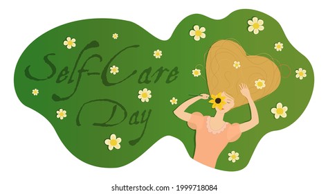 Vector illustration banner with a girl lying on a field of chamomiles with her heir forming a heart. This illustration, isolated on a transparent background, is related to International Self-Care Day.