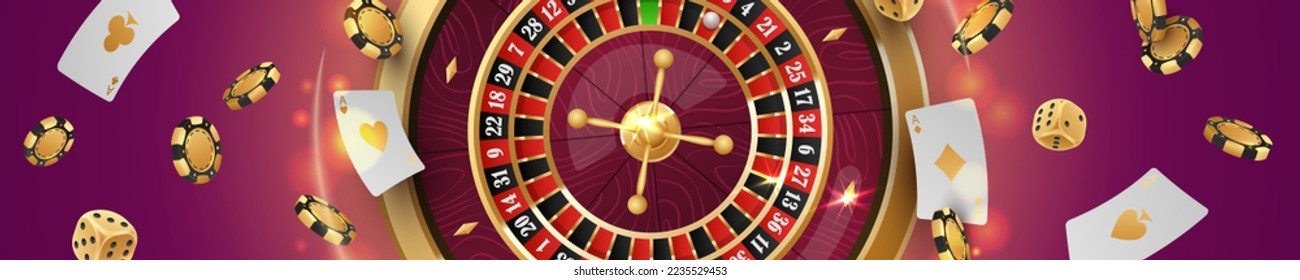 Vector illustration, banner with Golden casino roulette, wheel in the center with flying poker chips, tokens, white playing cards, dices, around on purple background with lights, bokeh