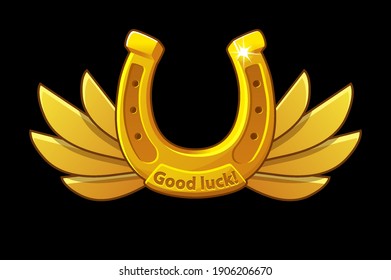 Vector illustration banner of a golden horseshoe with wings. Good luck postcard st patricks day.