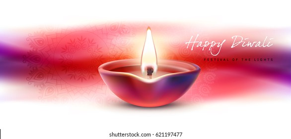 Vector illustration, banner, greeting card template for Diwali to Diwali elements. Burning diya on traditional Indian background
