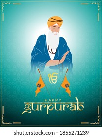 Vector illustration banner of Guru Nanak Jayanti, Gurpurab, religious festival of Sikh with holy symbol and flag