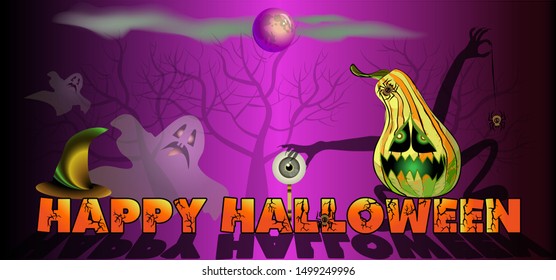 Vector illustration of a banner for Halloween. Cartoon pumpkin and ghost in the picture.