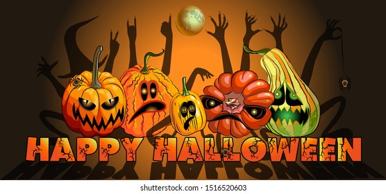 Vector illustration of a banner for halloween. Scary pumpkins with monsters hands.