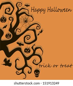 Vector illustration of banner with Halloween tree and other Halloween symbols, including pumpkin, witch, ghost and spider 