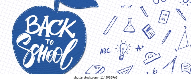 Vector illustration: Banner with hand drawn lettering of Back to School, apple and doodles supplies on sheet of exercise book background