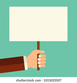 Cartel de ilustración vectorial en la mano. Mano sosteniendo la tabla en blanco en estilo plano, lugar para el concepto de texto.