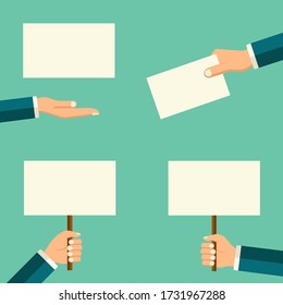 Vector Illustration Banner In The Hand. Mans Hand Holding Blank Board Or Paper, Flat Style, Place For Text Concept Set.