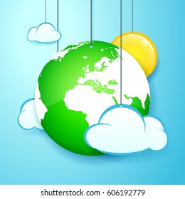 vector illustration banner of hanging  earth, sun and clouds