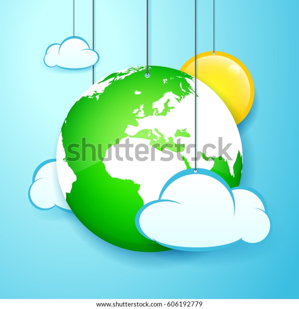 vector illustration banner of hanging  earth, sun\
and clouds