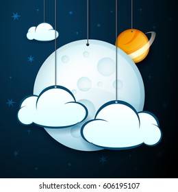 vector illustration banner of hanging  moon, planet and clouds