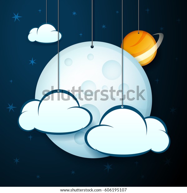 vector illustration banner of hanging  moon,\
planet and clouds
