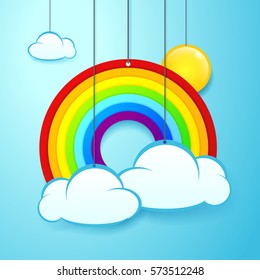 vector illustration banner of hanging rainbow, sun and clouds