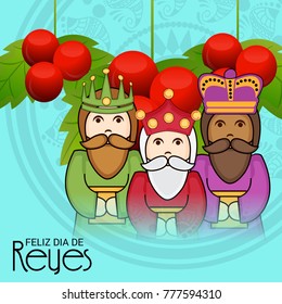 Vector illustration of a Banner for Happy Epiphany written in Spanish with three magic kings.