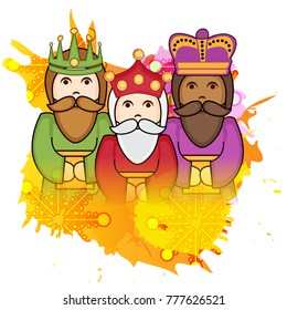 Vector illustration of a Banner for Happy Epiphany written in Spanish with three magic kings.