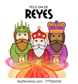 Vector illustration of a Banner for Happy Epiphany written in Spanish with three magic kings.