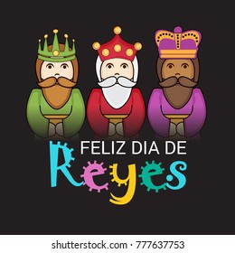 Vector illustration of a Banner for Happy Epiphany written in Spanish with three magic kings..