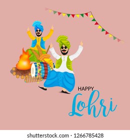 Vector illustration of a banner for Happy Lohri With Punjabi Message Lohri di lakh lakh vadhaiyan meaning Happy wishes for Happy Lohri.