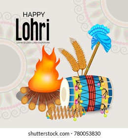 Vector illustration of a banner for Happy Lohri With Punjabi Message Lohri di lakh lakh vadhaiyan meaning Happy wishes for Happy Lohri.